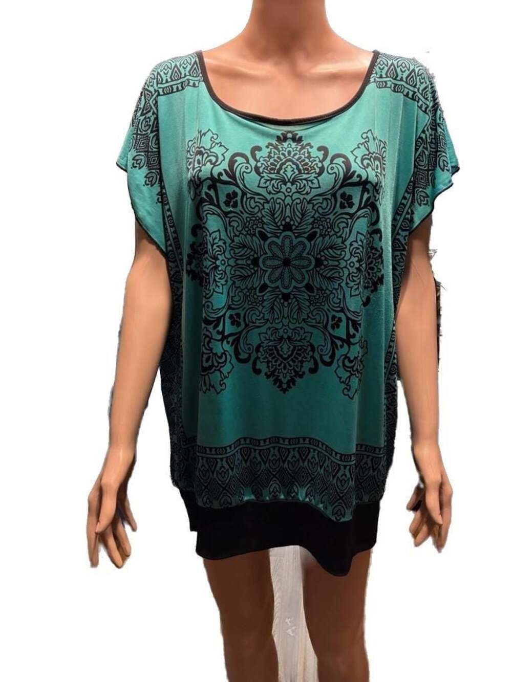 Lavish Plus Teal and Black Mandala Print Short Sleeve Tunic Top